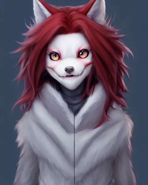 Image similar to character concept art of a dark gray anthropomorphic furry wolf with long red hair blue eyes | | cute - fine - face, pretty face, key visual, realistic shaded perfect face, fine details by stanley artgerm lau, wlop, rossdraws, james jean, andrei riabovitchev, marc simonetti, and sakimichan, artstation