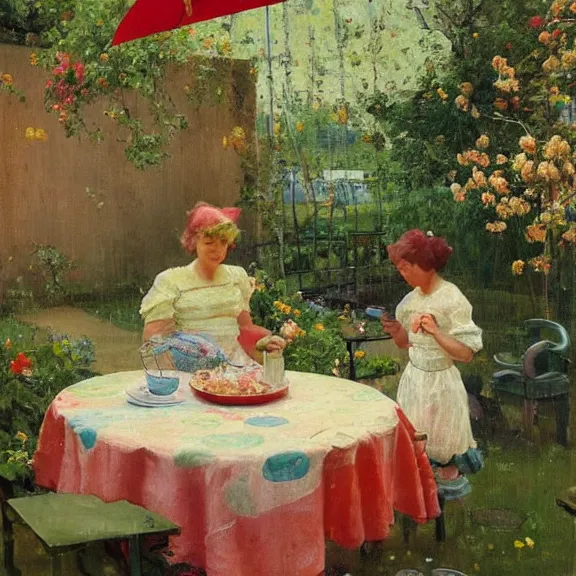 Image similar to a housewife and her daughter putting dishes on a table in the backyard, a tilted parasol sits above the table, a garden with colorful flowers in the background, rainy scene, cozy 1 9 5 0's, medium symmetry, by ilya repin, extreme detail, 8 k, intricate abstract, photorealistic