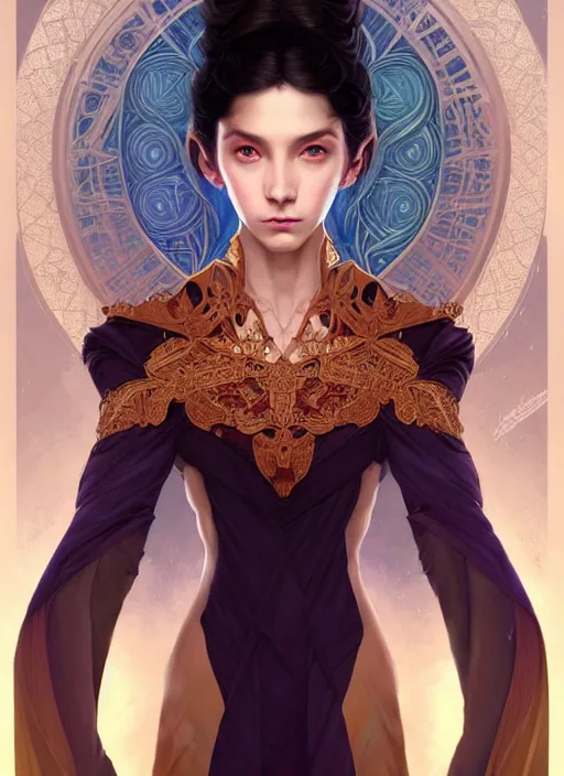 Image similar to symmetry!! portrait of a female sorcerer, dar fantasy, intricate, elegant, highly detailed, my rendition, digital painting, artstation, concept art, smooth, sharp focus, illustration, art by artgerm and greg rutkowski and alphonse mucha and huang guangjian and android jones and sachin teng