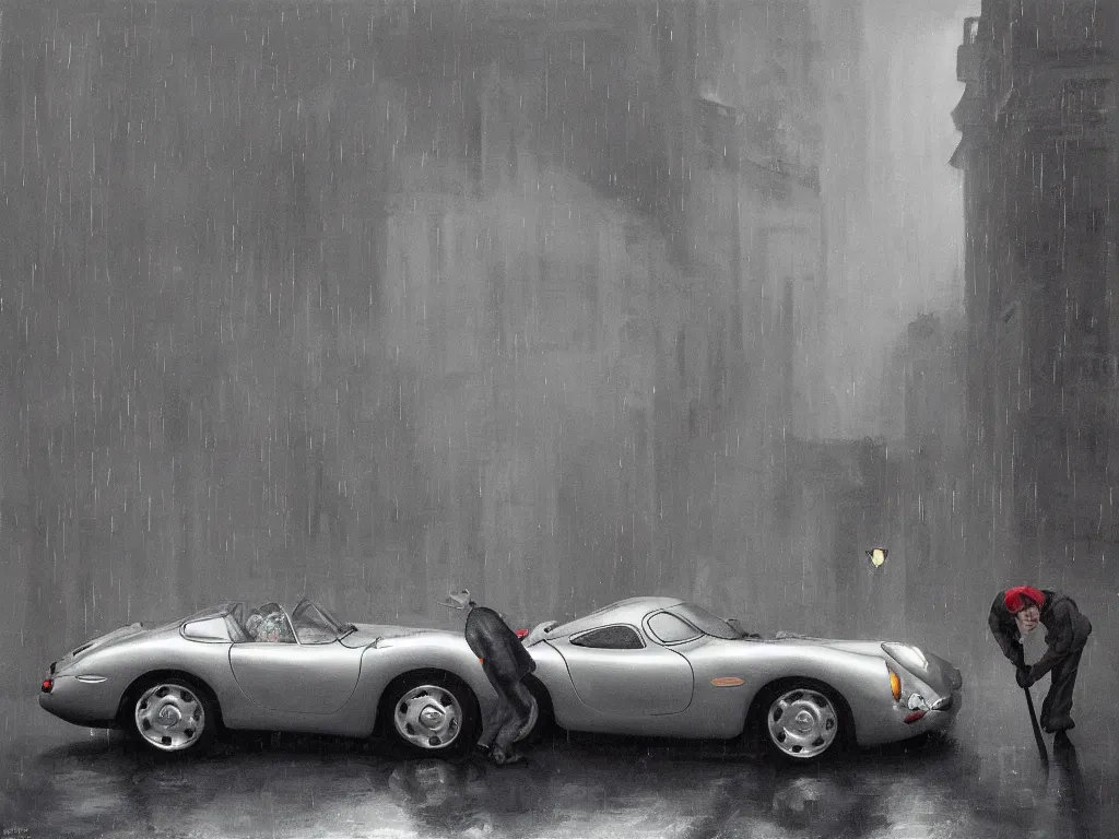 Image similar to Mysterious figure swings a heavy sledgehammer at a silver Porsche 550 with its headlights on, parked on the side of the road in the city of Cologne in the rain, by George Tooker, moody, ominous, lighting, hyper-realistic.