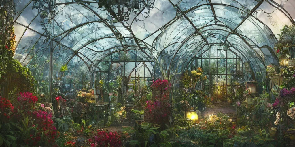 Prompt: glass greenhouse, alien world, birds, flowers, fairy tale, evening lights, highly detailed, low angle view, artstation, mysterious, comfort, in the style of aetherpunk