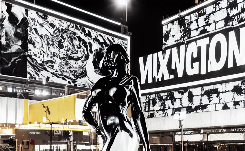 Image similar to night time photo of billboard advertisement of extremely beautiful female black marble statue in the style of virgil abloh, colorful motocross logos behind her, sharp focus, clear, detailed,, cinematic, detailed, off white, glamourous, symmetrical, vogue, editorial, fashion, magazine shoot, glossy