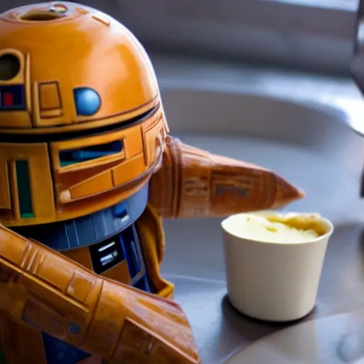 Prompt: Star wars battle droid making breakfast