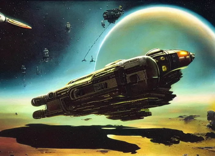 Prompt: spaceship, cinematic matte painting, peter elson, chris foss