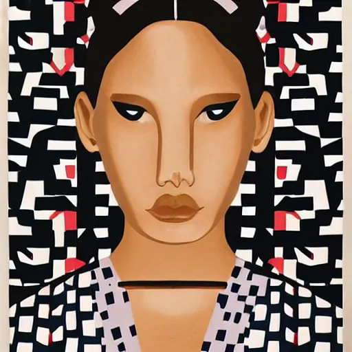 Prompt: a beautiful print. she has deeply tanned skin that makes me think of oort, an almond asian face and a compact, powerful body. by camille walala offhand, uneven