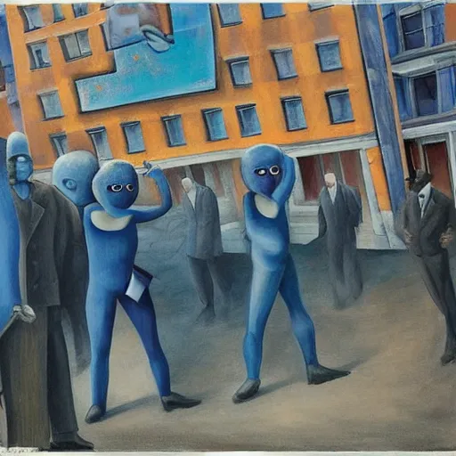 Image similar to by charles addams, by meredith marsone, by alice rahon blue man group, shikki kaleidoscopic, dreary. the body art of a police station in the lithuanian city of vilnius. in the foreground, a group of policemen are standing in front of the building, while in the background a busy street can be seen.