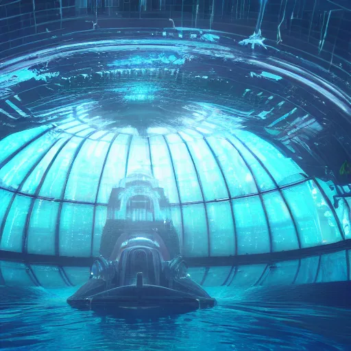 Prompt: massive sprawling underwater Atlantis, in a glass dome, metropolis hyper realistic octane render 4k neon colors