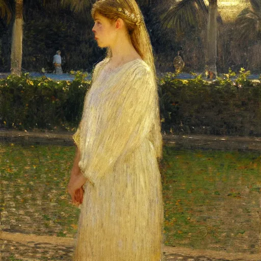 Image similar to a ultradetailed beautiful painting of a girl at night on the amazonas palace by jules bastien - lepage, hans belmer, frank weston and gustave baumann, trending on artstation, mediterranean, palm trees, light sparkles, sharp focus, soft light