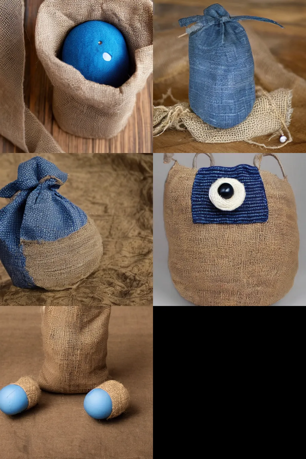 Prompt: a burlap sack with two blue balls in it