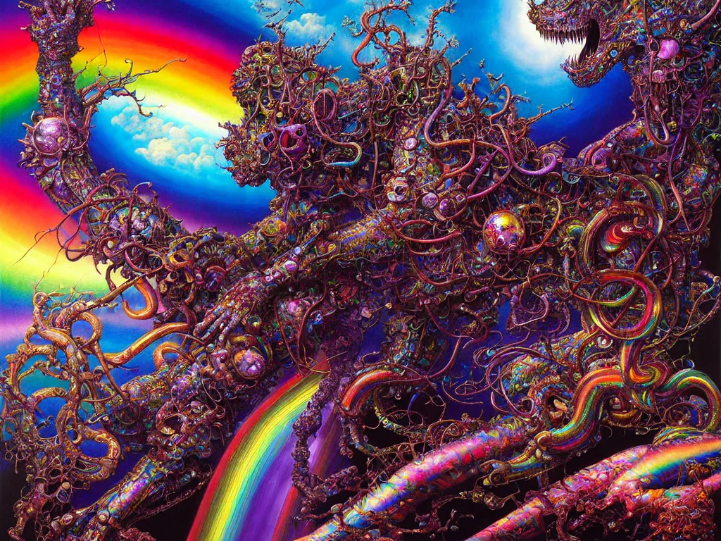 Prompt: realistic detailed image of Technological Nightmare Abomination Monster Rainbow Bright Transparent Iridescent Reflections by Lisa Frank, Ayami Kojima, Amano, Karol Bak, Greg Hildebrandt, and Mark Brooks, Neo-Gothic, gothic, rich deep colors. Beksinski painting, part by Adrian Ghenie and Gerhard Richter. art by Takato Yamamoto. masterpiece