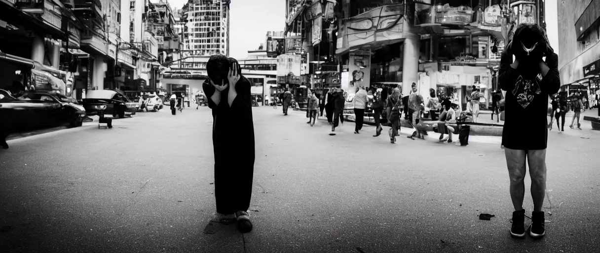 Image similar to super advanced alien doing facepalm when seeing human beings in the city, artistic photo, noir, monochrome, dark atmosphere, commercial photography, street photography, fine art, leica