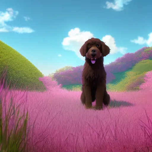 Image similar to ! dream! dream a wholesome animation key shot of a bernedoodle on a hill, fluffy pink anime clouds, studio ghibli, pixar animation, sharp, rendered in unreal engine 5, anime key art, bloom, dramatic lighting