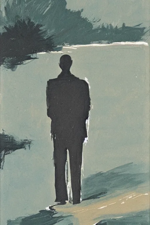 Image similar to man standing by a river, 1960’s minimalist advertising illustration, painterly, expressive brush strokes