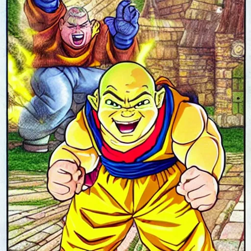 Image similar to portrait of shrek going super saiyan 3, by Akira Toriyama