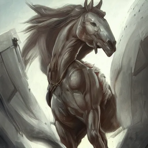 Prompt: an enormously muscular anthro horse in a research facility wearing a skintight body armor, experimental supersoldier, long white mane, equine, anthro art, furaffinity, highly detailed, digital painting, artstation, concept art, illustration, art by artgerm, greg rutkowski, ruan jia