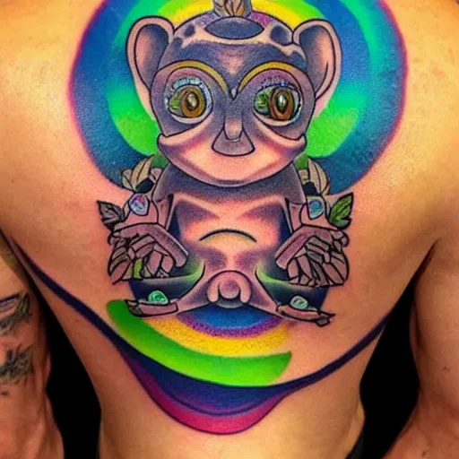 Image similar to shoulder tattoo of a multicolored trippy meditating cute bush baby, eyes are glowing rainbow spirals, happy mood, surrounded with colorful magic mushrooms and rainbow marihuana leaves, insanely integrate