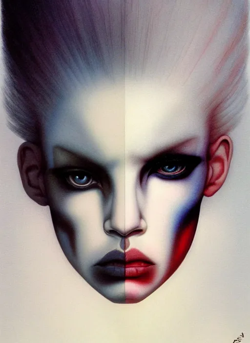 Image similar to beautiful matte airbrush portrait of an androgynous face with big sad eyes crying on a white background, 8 0's airbrush aesthetic, art by pater sato, ayami kojima and yoshitaka amano