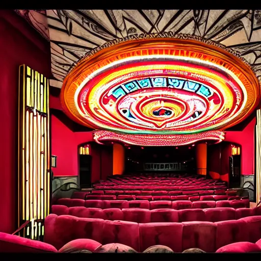 Prompt: an ornate art deco movie theater, dslr, beautiful, colorful,