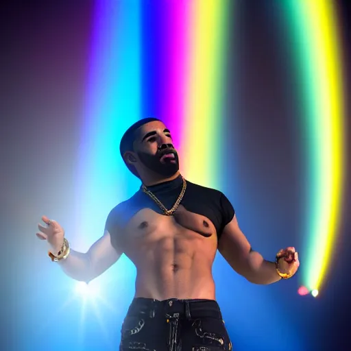 Image similar to drake the rapper in the splits position, with rainbow above his head, high quality, 8 k,