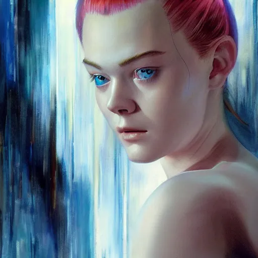 Image similar to ultra realistic portrait painting of elle fanning in ghost in the shell, art by frank frazetta, 4 k, ultra realistic, highly detailed, epic lighting