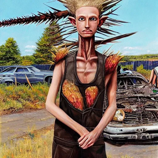 Prompt: a skinny high-fantasy elf with a long narrow face and spiky blonde hair wearing dark brown overalls and holding a firecracker standing next to a destroyed car, painting by Vanessa Beecroft