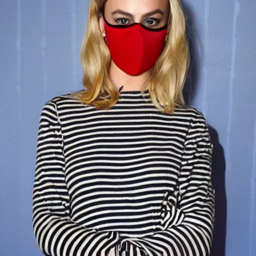 Prompt: margo robbie in a striped shirt and a robber mask