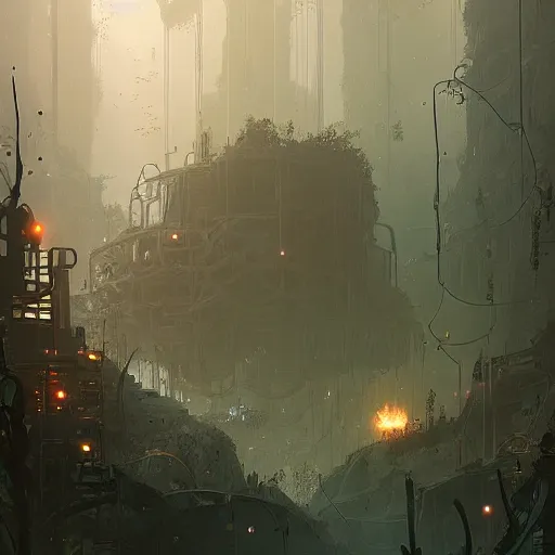 Image similar to overgrown dystopian mechanical cave system, by Ismail Inceoglu, detailed, pixelated, mechanical, complicated, dystopia, 4K