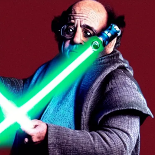 Image similar to movie still of Danny DeVito as Luke Skywalker with lightsaber