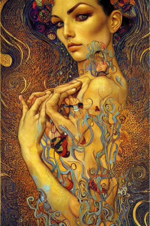 Image similar to Visions of Paradise by Karol Bak, Jean Deville, Gustav Klimt, and Vincent Van Gogh, visionary, otherworldly, fractal structures, ornate gilded medieval icon, third eye, spirals