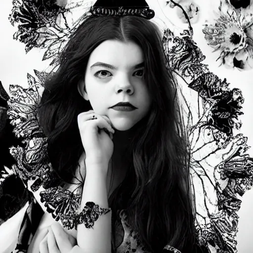 Image similar to black and white pen and ink!!!!!!! sorcerer beautiful attractive long hair Anya Taylor-Joy wearing High Royal flower print robes flaming!!!! final form sensual flowing ritual royal!!! Contemplative stance Vagabond!!!!!!!! floating magic witch!!!! glides through a beautiful!!!!!!! Camellia!!!! Tsubaki!!! death-flower!!!! battlefield behind!!!! dramatic esoteric!!!!!! Long hair flowing dancing illustrated in high detail!!!!!!!! by Hiroya Oku!!!!!!!!! graphic novel published on 2049 award winning!!!! full body portrait!!!!! action exposition manga panel black and white Shonen Jump issue by David Lynch eraserhead and beautiful line art Hirohiko Araki!! Frank Miller, Kentaro Miura!, Jojo's Bizzare Adventure!!!! 3 sequential art golden ratio technical perspective panels horizontal per page