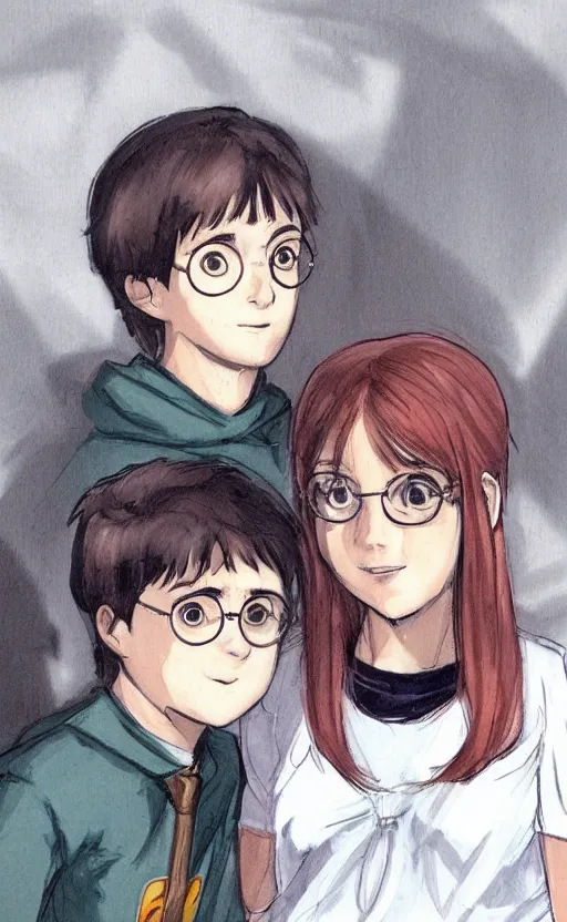 Prompt: a concept art of Hermiona’s and Harry Potter’s son looking at camera