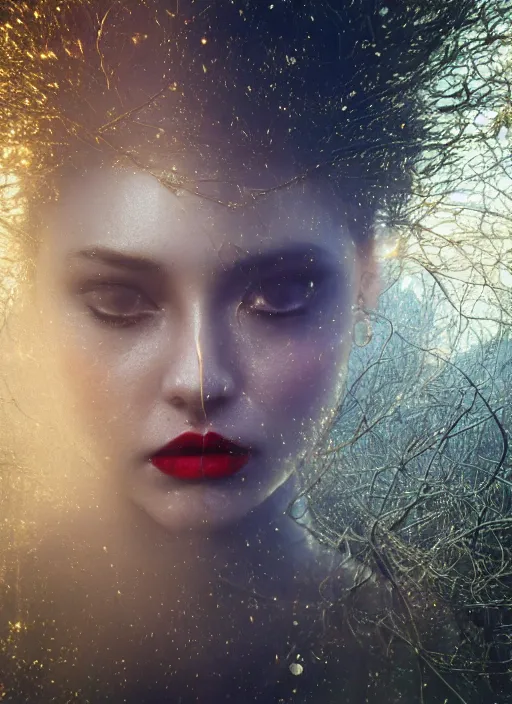 Prompt: double exposure effect, glowing silver and golden elements, female portrait model from shutterstock as a dark witch, book cover, green forest, white moon, red lips, establishing shot, extremly high detail, photo-realistic, cinematic lighting, pen and ink, intricate line drawings, by Yoshitaka Amano, Ruan Jia, Kentaro Miura, Artgerm, post processed, concept art, artstation, matte painting, style by eddie, raphael lacoste, alex ross