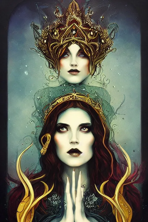 Image similar to jeweled Crown, other worldly, cruel and dark, art nouveau, by Anato Finnstark, Tom Bagshaw, Brom