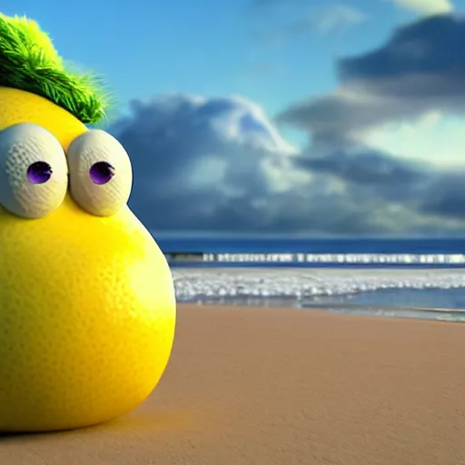 Prompt: 3 d octane render, of a hot anthropomorphic lemon female character inspired by the movie monsters inc, with lemon skin texture, she is wearing a hat, building a sandcastle on the beach at sunset, beach, huge waves, sun, clouds, long violet and green trees, rim light, cinematic photography, professional, sand, sandcastle, volumetric lightening