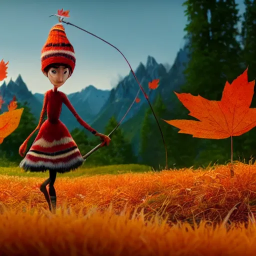 Image similar to a stopmotion animation character, a beautiful canadian woman, pulling weeds out frantically, some grey hair, stripey pants, canadian maple leaves, mountains, autumn, octane render, 8 k, kubo and the two strings, jan svankmayer, disney, pixar,