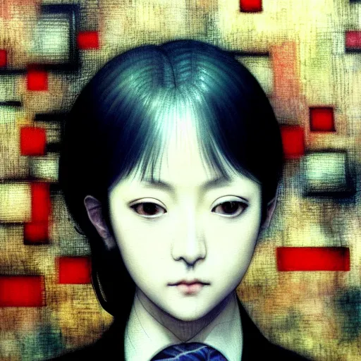 Image similar to yoshitaka amano blurred and dreamy realistic three quarter angle portrait of a young woman with short hair and black eyes wearing office suit with tie, junji ito abstract patterns in the background, satoshi kon anime, noisy film grain effect, highly detailed, renaissance oil painting, weird portrait angle, blurred lost edges