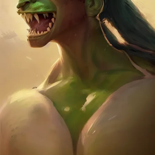 Prompt: a full character portrait of a toned physique green orc woman with a ponytail in full plate armor, by greg rutkowski, wlop, trending on artstation