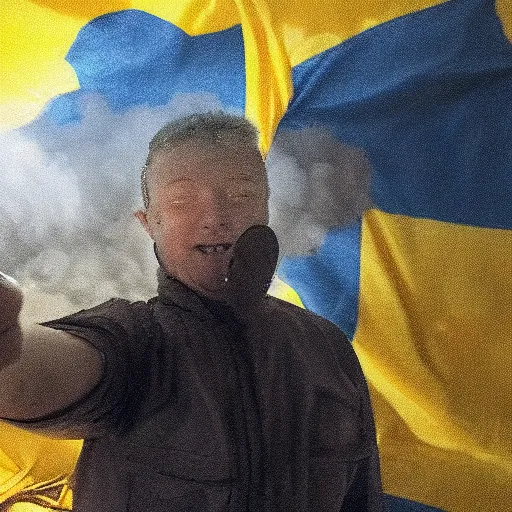 Image similar to a selfie of a ukrainian in yellow - blue rags against the backdrop of a nuclear explosion shoots himself in the head with a pistol in order to die a less painful death