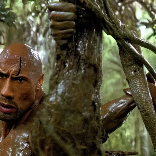 Image similar to film still of a mud - covered dwayne johnson as dutch hiding behind a tree from the predator in predator 1 9 8 7, hd, 8 k