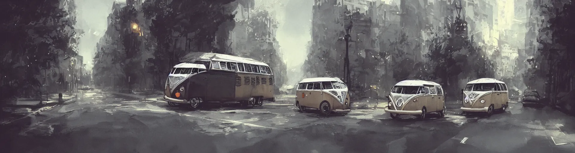 Prompt: vw bus on a street, illustration by greg rutkowski