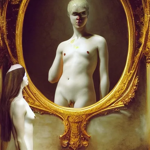 Image similar to an all white human, with no facial features, like a white skin tight mask pulled over their face merges into their body, full body laying in a blood red pool of water between a golden mirror frame, outside is space and inside the mirror frame is a beautiful landscape., physically accurate, dynamic lighting, intricate, elegant, highly detailed, very very Roberto Ferri, sharp focus, illustration, art