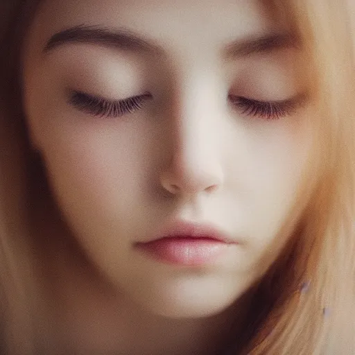 Prompt: photorealistic portrait of a beautiful young woman, very blurry!!!, out of focus!!!!, translucent stone white skin, closed eyes, foggy, closeup