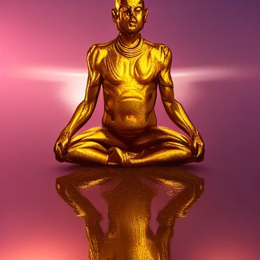 Image similar to a golden yogi man, tarot card, sharp focus, volumetric lighting, trending on artstation, 8k, by caravaggio