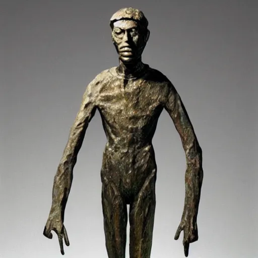 Image similar to Walking Man II by Alberto Giacometti wearing a cloth basketball jersey. Bronze Sculpture displayed in fine art museum.