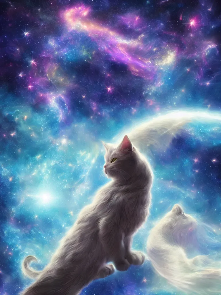 Prompt: celestial epic vibrant cinematic fantasy space image of a sparkling ethereal oceanic silky cosmic universe with a galaxy cat, celestial cosmos, nasa photos, artstation