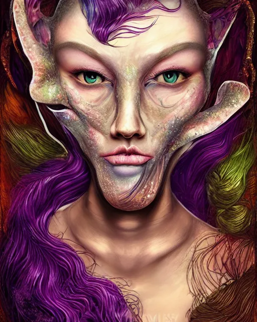 Prompt: portrait of a gorgeous woman, fat, muscular. mixed media, fantasy aesthetic. beautiful face! in the style of android jones, the dark crystal, heade.