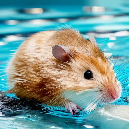 Prompt: hamster relaxing on a miniature surfboard in the pool and smiling, close up, dslr photo