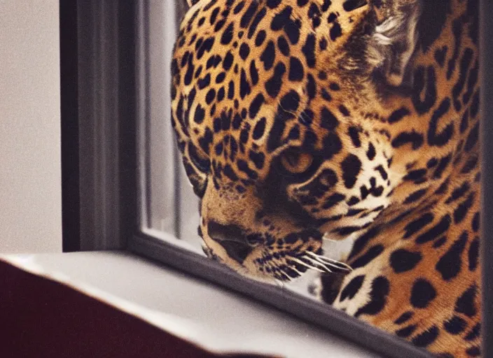 Image similar to photography of a Jaguar Cat . watching outside the window. on a bed. in a 70's room full of vinyls and posters, photorealistic, award winning photo, 100mm, sharp, high res