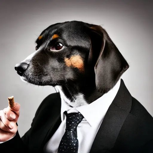 Image similar to a high detail closeup photograph of a dog wearing a suit 👔,and smoking a cigarrette🚬, award wining photograph