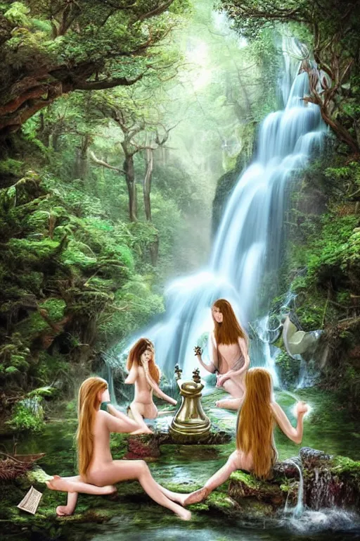 Prompt: beautiful forest dryads playing a quiet game of chess by a mystical waterfall, tranquil scene